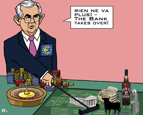 Cartoon: Bank-Roulette? (medium) by RachelGold tagged europeancentralbank,euro,greece,papademos