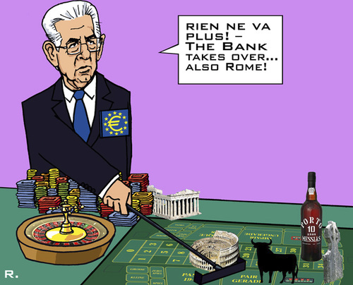 Cartoon: Bank-Roulette 2 (medium) by RachelGold tagged roulette,ecb,banks,eu,union,european,monti,mario,italy
