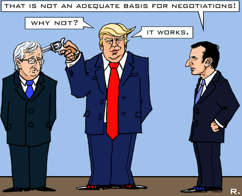 Cartoon: Basis for Negotiations (medium) by RachelGold tagged eu,usa,france,negotiations,trade,agreement,juncker,trump,macron,gun,penalty,customs,threat