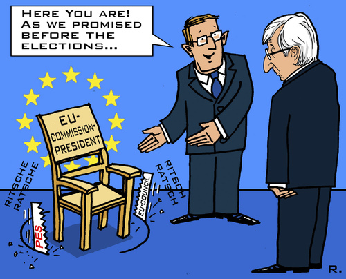 Cartoon: election promise (medium) by RachelGold tagged eu,elections,commission,presidency,pes,juncker
