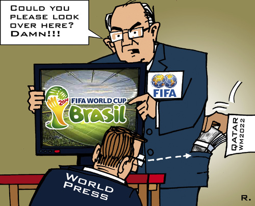 Cartoon: FIFA Diversionary Tactic (medium) by RachelGold tagged soccer,fifa,policy,brasl,qatar,2014,2022,orruption