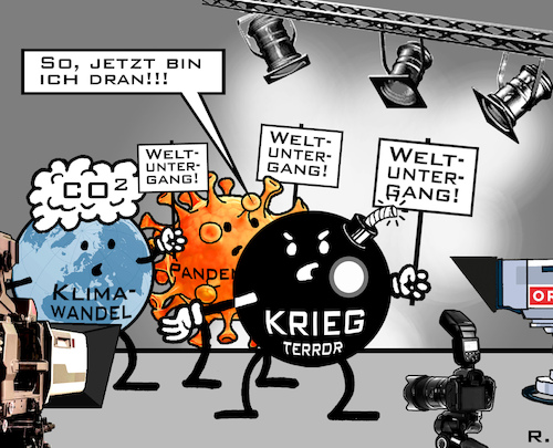 Cartoon: Im Fokus - 3. Teil (medium) by RachelGold tagged krieg,pandemie,klimawandel,wettbewerb,weltuntergang,apokalypse,fokus,medien,scheinwerfer,kameras,krieg,pandemie,klimawandel,wettbewerb,weltuntergang,apokalypse,fokus,medien,scheinwerfer,kameras