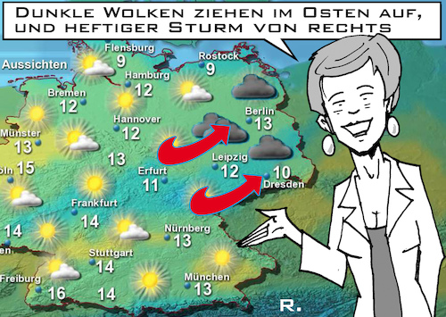 Cartoon: Ostdeutsche Großwetterlage (medium) by RachelGold tagged deutschland,ost,brandenburg,sachsen,landtagswahlen,afd,cdu,spd,grüne,linke,wetter
