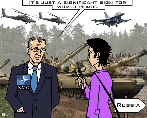 Cartoon: Peace Organization (medium) by RachelGold tagged nato,manoeuvres,summit,peace,uas,russia,poland,provocation,stoltenberg