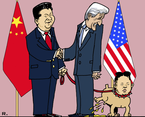 Cartoon: Pekingese - Kerry in Beijing (medium) by RachelGold tagged usa,china,north,korea,beijing,kerry,xi,jinping,kim,jong,un