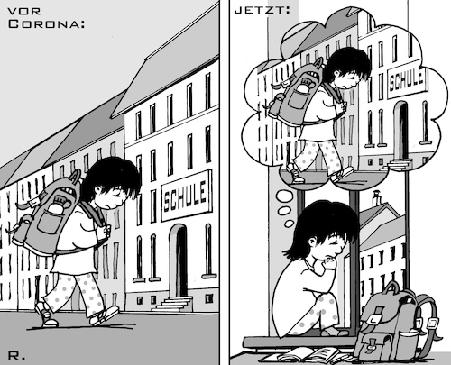Cartoon: Schulkinder (medium) by RachelGold tagged corona,virus,krise,ausgangssperre,schule,schulkind,depression