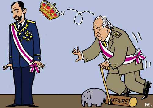 Cartoon: Spanish Handover of Crown (medium) by RachelGold tagged spain,throne,juan,carlos,felipe,crown