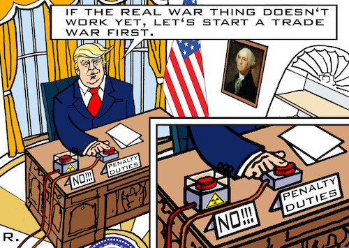 Cartoon: The Pyromaniac (medium) by RachelGold tagged usa,eu,china,trump,war,trade,red,button,pyromaniac,warmonger