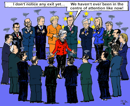 Cartoon: Another Brexit-EU-Summit (medium) by MarkusSzy tagged eu,summit,brussels,prime,ministers,brexit,may,juncker,merkel,tusk