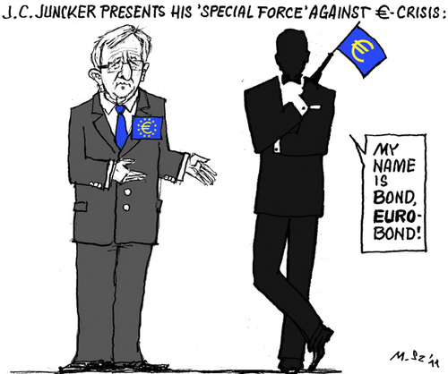 Cartoon: Euro Bond (medium) by MarkusSzy tagged bonds,jamesbond,euro,currency,economy,juncker,eu,union,european