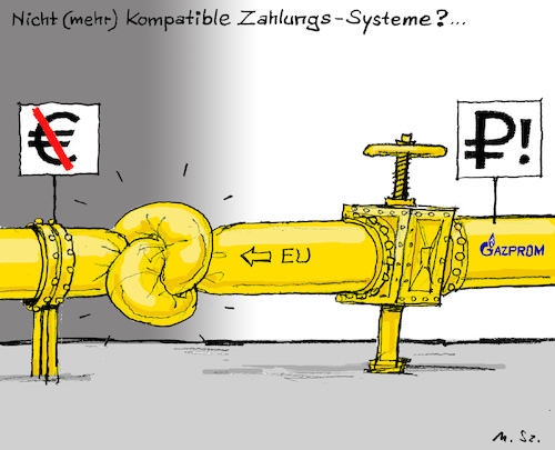 Cartoon: Gaz - aus? (medium) by MarkusSzy tagged russland,ukraine,krieg,sanktionen,energie,krise,öl,gas,alternative,swift,bankverbindung,devisen,währung,dollar,euro,rubel,lieferstopp,blackout