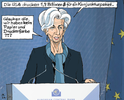 Cartoon: Konjunktur. EZB druckt Geld (medium) by MarkusSzy tagged ezb,ecb,lagarde,europa,krise,konjunktur,gelddruck,anleihen,inflation,deflation