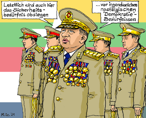 Cartoon: Myanmar (medium) by MarkusSzy tagged myanmar,burma,putsch,militär,junta,general,min,aung,hlaing,demokratie,diktatur,sicherheit,corona,covid19