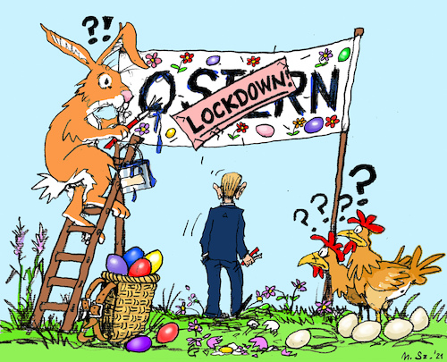 Cartoon: Ostern. Lockdown (medium) by MarkusSzy tagged österreich,deutschland,ostern,lockdown,abgesagt,osterhase,ostereier,sebastian,kurz,frühling,hennen,blumen