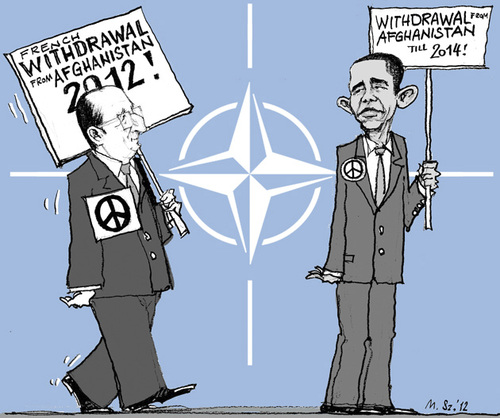 Cartoon: Pacifists Contest (medium) by MarkusSzy tagged withdrawal,troop,afghanistan,france,usa,summit,nato