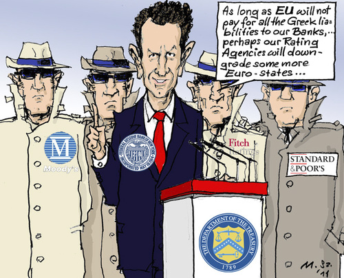 Cartoon: Rating Agents (medium) by MarkusSzy tagged state,of,secretary,agents,agency,rating,eu,europe,usa,geithner