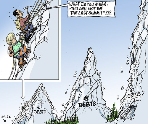Cartoon: Summits (medium) by MarkusSzy tagged crisis,2011,summit,euro,currency,economy,merkel,sarkozy,eu,union,european