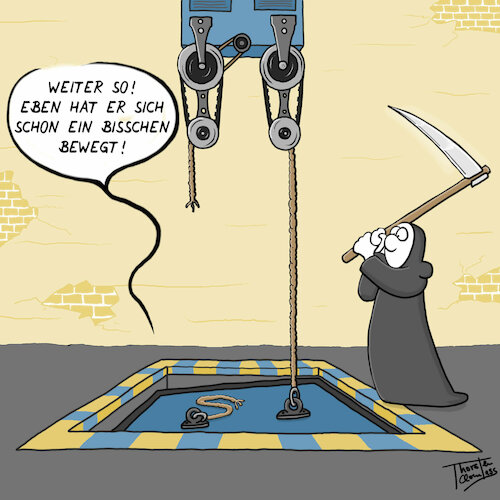 Cartoon: Fahrstuhl (medium) by Thorsten Klomfass tagged fahrstuhl,lift,tod,defekt,kaputt,notdienst,fahrstuhl,lift,tod,defekt,kaputt,notdienst