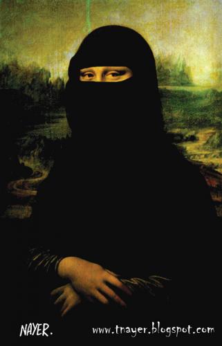 Cartoon: La Gioconda Mona Lisa (medium) by Nayer tagged la,gioconda,mona,lisa,da,vinci,islam,conflict,civilizations,terrorism