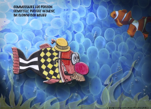 Cartoon: clownfischmilieu (medium) by schmidibus tagged clown,fisch,meer,undercover,camouflage,kommissar,agent,ermitteln,milieu,maske,brille,hut,rif,atoll,luc,poisson