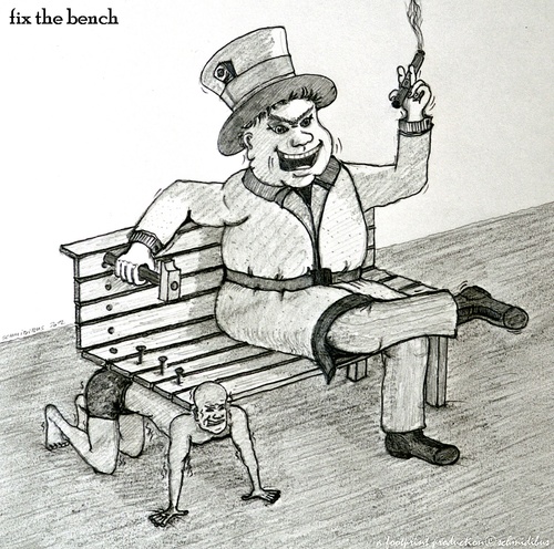 Cartoon: fix the bench (medium) by schmidibus tagged bankencrash,korruption,bench,politics,ausbeutung,arm,reich,unterdrückung