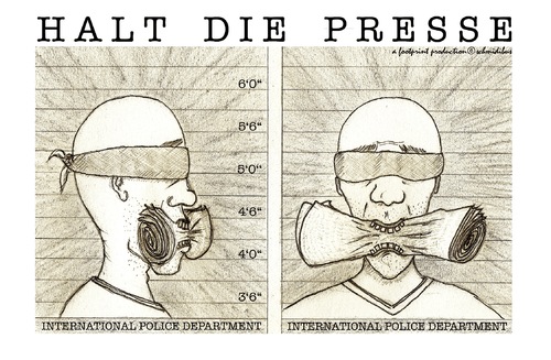 Cartoon: halt die presse (medium) by schmidibus tagged journalismus,pressefreiheit,meinungsfreiheit,zensur,unterdrückung,politik,kriminalität