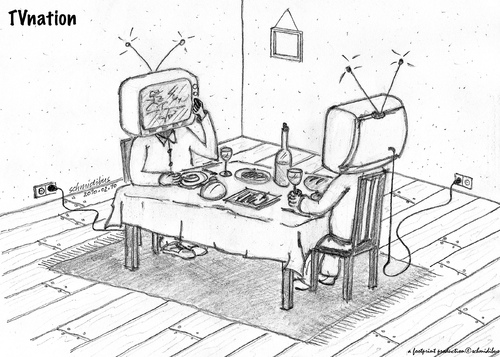 Cartoon: TVnation (medium) by schmidibus tagged tv,fernsehen,evolution,mensch,bionik,technik,zukunft,sprachlosigkeit,hypnose,manipulation