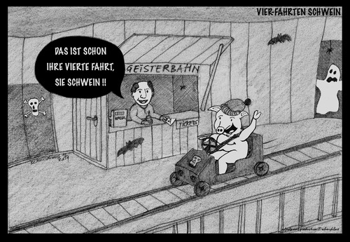 Cartoon: vier-fahrten schwein (medium) by schmidibus tagged schwein,fahrt,vier,geisterbahn,glücksschwein