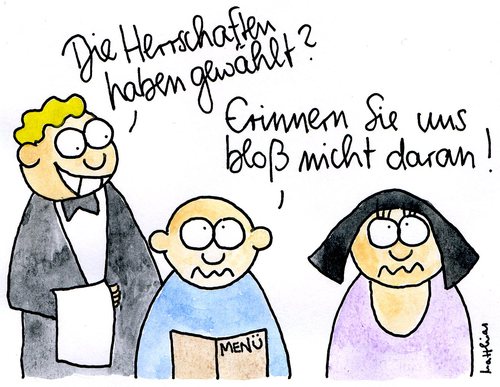 Cartoon: Nach der Wahl (medium) by Matthias Schlechta tagged wahl,wählen,wahlergebnis,essen,restaurant,kellner,speisekarte