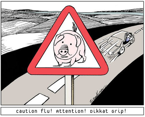 Cartoon: Caution sign (medium) by firuzkutal tagged swine,flu,pig,traffic,sign,car,road,travelling,travel,firuz,kutal