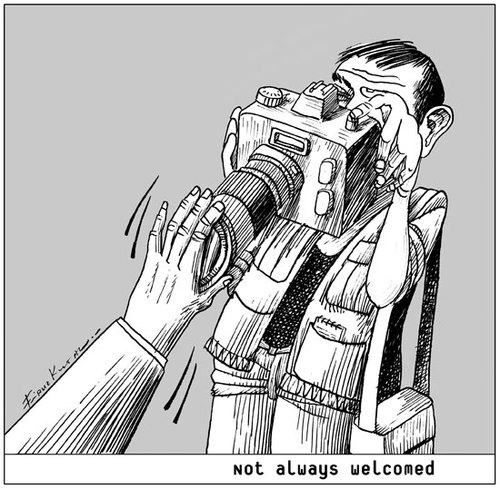 Cartoon: Not_welcomed (medium) by firuzkutal tagged freedom,of,speech,media,head,expression,kutal,firuzkutal,book,demonstration,protest,meeting,press,journalism,scream,voice