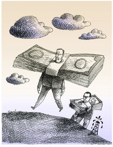 Cartoon: Oil makes the world go around (medium) by firuzkutal tagged slave,platform,following,cloud,sky,power,capitalism,money,usa,petrol,iran,syria,war,oil