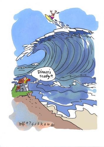 Cartoon: Dinner (medium) by Butschkow tagged surfer,dinner,welle,australien,australia,cook,surfer,dinner,welle,australien,australia,cook