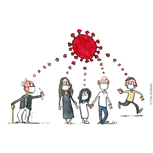 Cartoon: Keeping distance - thinking same (medium) by Frits Ahlefeldt tagged covid,covid19,pandemic,isolation,quarantaine,selfisolation,isololation,cognition,groupthink,frits,ahlefeldt,fritsahlefeldt,drawnjournalism