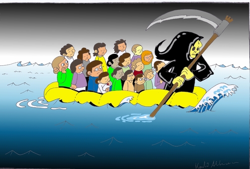 Cartoon: Flüchtlingsdrama (medium) by kader altunova tagged flüchtlinge,tod,meer,schlauchboot,sensenmann