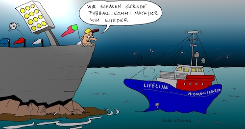 Cartoon: Rettungsschiff Lifeline (medium) by kader altunova tagged rettungsschiff,lifeline,flüchtlinge,fussball