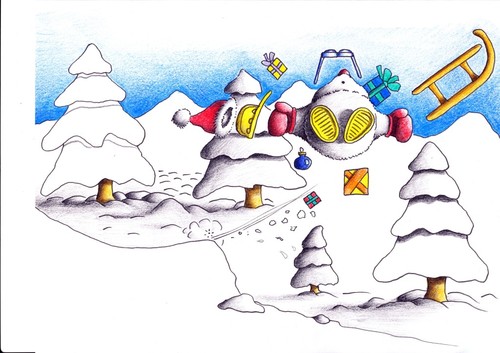 Cartoon: unfertig (medium) by Jupp tagged snow,sturz,weihnachten,schnee,helm,brille,geschenke,rodel,schlitten,mole,maulwurf,white,weiss,bäume,flug