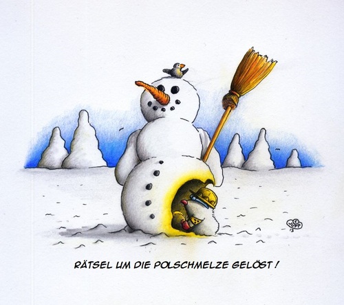 Cartoon: Wahrheit über die Polschmelze (medium) by Jupp tagged maulwurf,mole,melting,snowman,schneemann,pipi,jupp