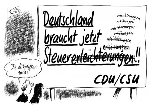 Cartoon: CDU und Steuern... (medium) by Stuttmann tagged steuererhöhungen,steuererleichterungen,mehrwersteuersatz,spitzensteuersatz,wahlen,steuererhöhungen,steuererleichterungen,mehrwersteuersatz,spitzensteuersatz,wahlen,wahl,steuer,steuern,steuerzahler,cdu,csu,verhandlungen verhandlung,geld,wirtschaftskrise,verhandlungen,verhandlung
