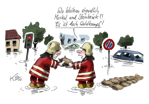 Cartoon: Hochwasser (medium) by Stuttmann tagged hochwasser,jahrhundertflut,merkel,steinbrück,wahlkampf