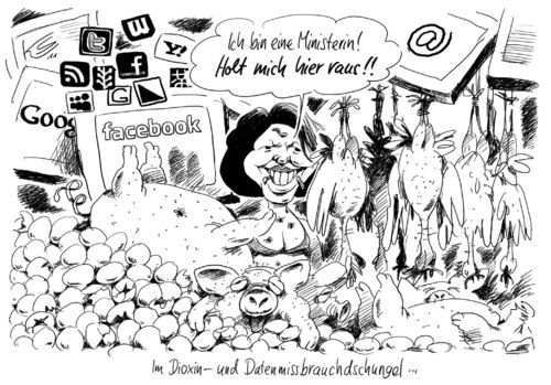 Cartoon: Holt mich hier raus! (medium) by Stuttmann tagged dioxin,futtermittelskandal,hühner,eier,dschungelcamp,aigner,datenmissbrauch,dioxin,futtermittelskandal,hühner,eier,dschungelcamp,aigner,datenmissbrauch