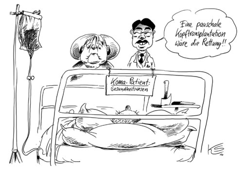 Cartoon: Komapatient (medium) by Stuttmann tagged gesundheitsreform,kopfpauschale,rösler,gesundheitsreform,kopfpauschale,rösler,gesundheit,angela  merkel,angela,merkel