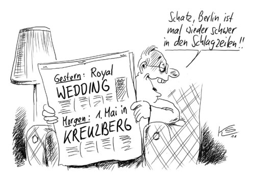 Cartoon: Schlagzeilen (medium) by Stuttmann tagged schlagzeilen,presse,royal,wedding,kate,william,erster,mai,arbeit,schlagzeilen,presse,royal wedding,kate,william,mai,arbeit,royal,wedding