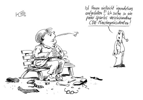 Cartoon: Spurlos verschwunden... (medium) by Stuttmann tagged cdu,ministerpräsidenten,rücktritte,ministerpräsidenten,rücktritte,cdu,rücktritt,politiker,angela merkel,ministerpräsident,angela,merkel