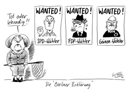 Cartoon: Wanted! (medium) by Stuttmann tagged cdu,klausurtagung,koalitionen,öffnung,wählerschaft,cdu,klausurtagung,koalitionen,öffnung,wählerschaft,wahlen,wähler,antela merkel,wanted,berlin,erklärung,fdp,spd,parteien,antela,merkel