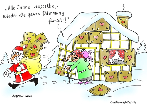 Cartoon: isolation weihnachten hexe lebku (medium) by martin guhl tagged isolation,weihnachten,hexe,lebkuchen,haus,waerme,dämmung