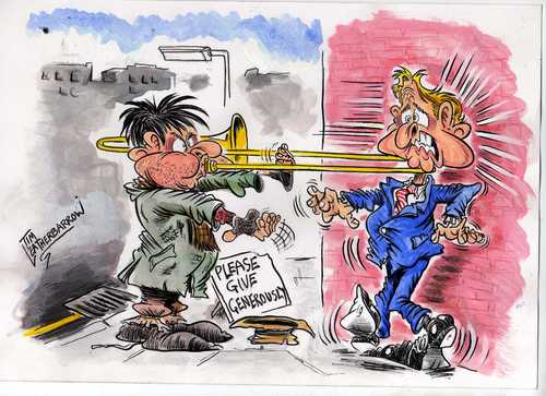 Cartoon: STREET ENTERTAINER (medium) by Tim Leatherbarrow tagged street,entertainer,musician,mugging