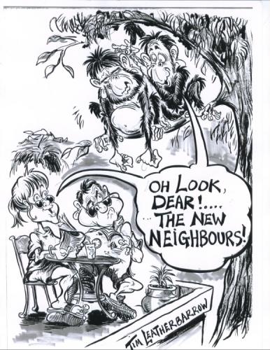 Cartoon: THE NEW NEIGHBOURS (medium) by Tim Leatherbarrow tagged people,monkeys,apes,neighbourhood,neighbours