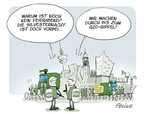 Cartoon: Polizeischutz in Hamburg (medium) by FEICKE tagged polizei,hamburg,schutz,silvester,g20,gipfel,politik,sicherheit,polizei,hamburg,schutz,silvester,g20,gipfel,politik,sicherheit