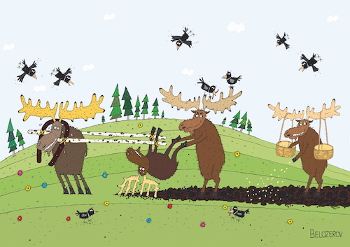 Cartoon: Elch (medium) by Sergei Belozerov tagged moose,elks,elch,pflug,landwirtschaft,bioprodukte,biotechnologie,bauern,landwirt,brigade,zusammenarbeit,coworking